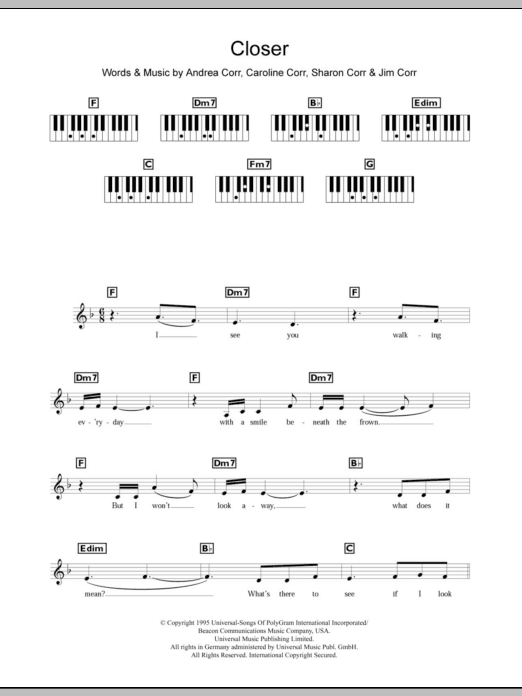 The Corrs Closer sheet music notes and chords arranged for Piano Chords/Lyrics