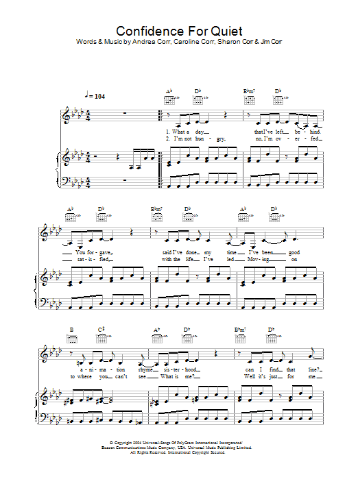 The Corrs Confidence For Quiet sheet music notes and chords arranged for Piano, Vocal & Guitar Chords
