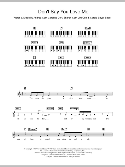 The Corrs Don't Say You Love Me sheet music notes and chords arranged for Piano Chords/Lyrics