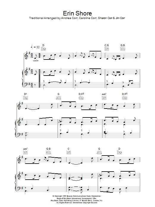 The Corrs Erin Shore sheet music notes and chords arranged for Piano, Vocal & Guitar Chords