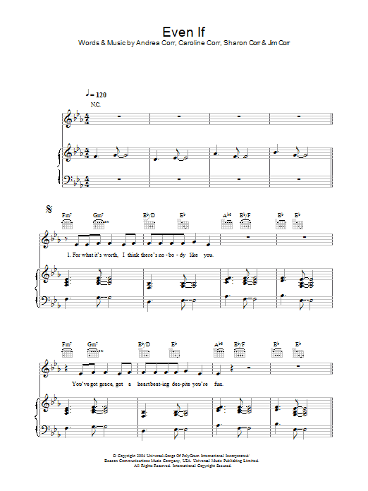 The Corrs Even If sheet music notes and chords arranged for Piano, Vocal & Guitar Chords