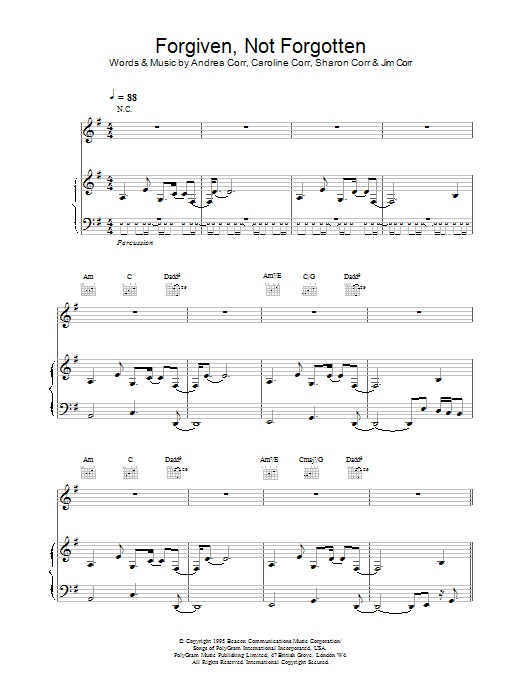The Corrs Forgiven, Not Forgotten sheet music notes and chords arranged for Piano, Vocal & Guitar Chords