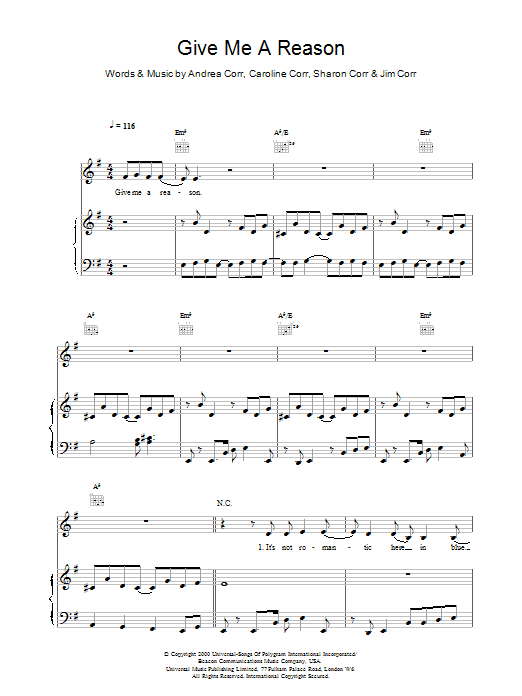The Corrs Give Me A Reason sheet music notes and chords arranged for Piano Chords/Lyrics