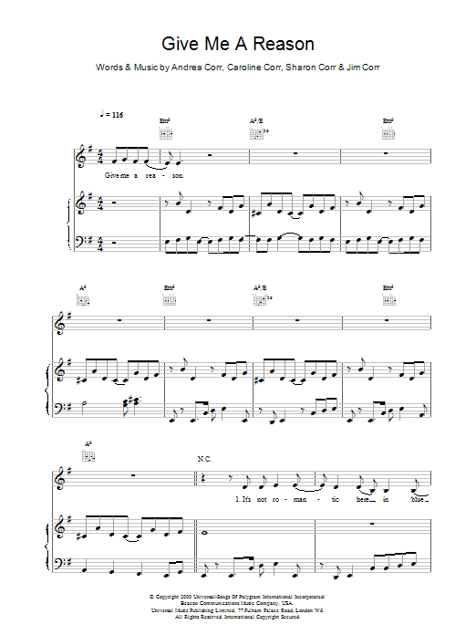 The Corrs Give Me A Reason sheet music notes and chords arranged for Piano, Vocal & Guitar Chords