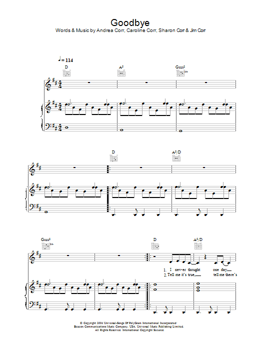 The Corrs Goodbye sheet music notes and chords arranged for Piano, Vocal & Guitar Chords
