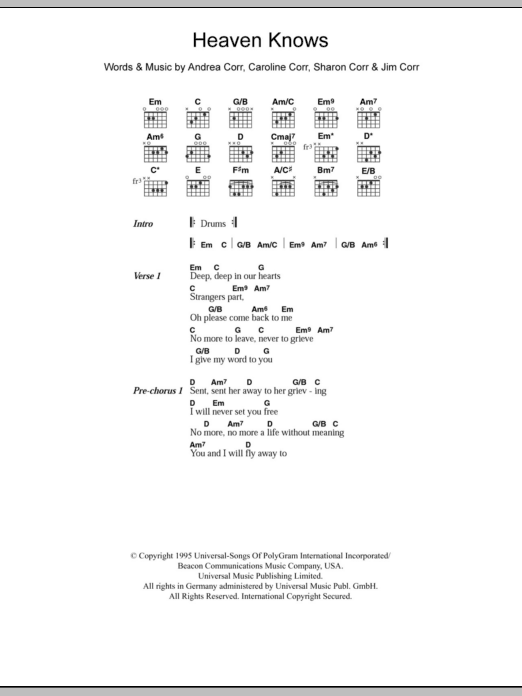 The Corrs Heaven Knows sheet music notes and chords arranged for Guitar Chords/Lyrics