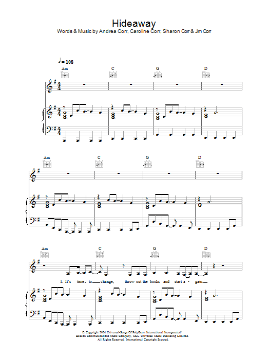 The Corrs Hideaway sheet music notes and chords arranged for Piano, Vocal & Guitar Chords