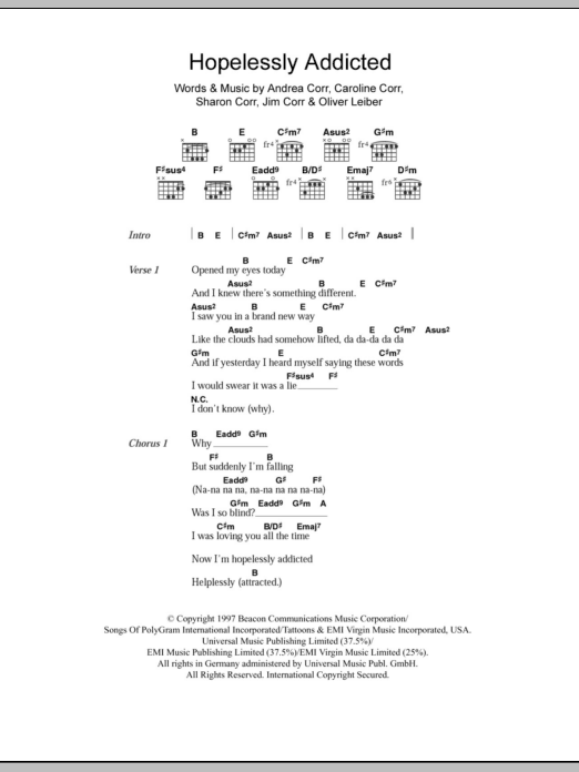 The Corrs Hopelessly Addicted sheet music notes and chords arranged for Guitar Chords/Lyrics