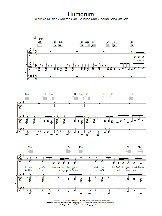 The Corrs Humdrum sheet music notes and chords arranged for Piano, Vocal & Guitar Chords