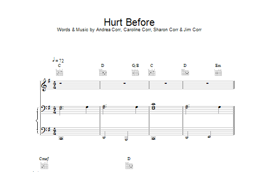 The Corrs Hurt Before sheet music notes and chords arranged for Piano, Vocal & Guitar Chords