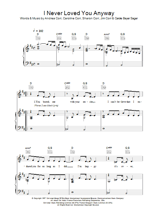 The Corrs I Never Loved You Anyway sheet music notes and chords arranged for Piano Chords/Lyrics