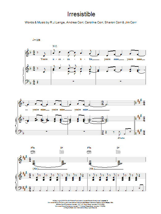 The Corrs Irresistible sheet music notes and chords arranged for Piano, Vocal & Guitar Chords