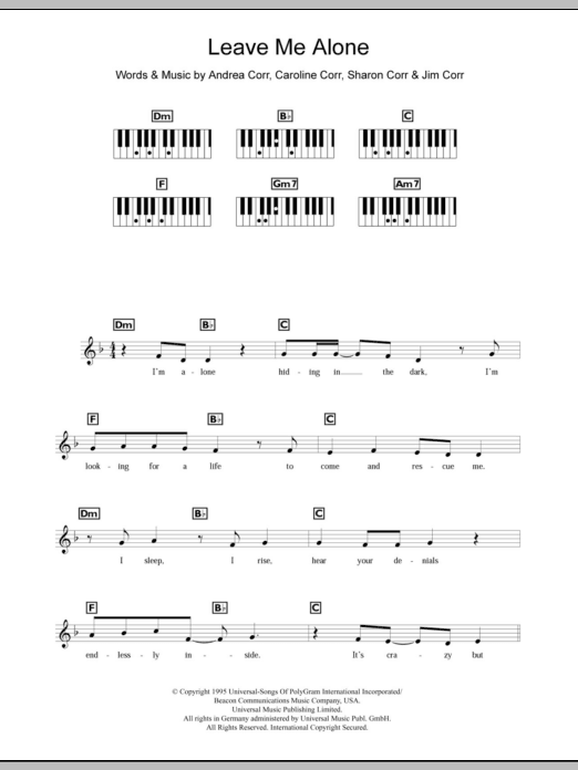 The Corrs Leave Me Alone sheet music notes and chords arranged for Piano Chords/Lyrics
