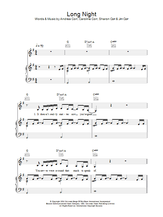 The Corrs Long Night sheet music notes and chords arranged for Piano, Vocal & Guitar Chords