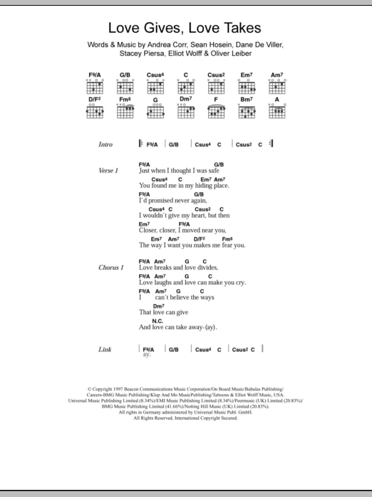 The Corrs Love Gives Love Takes sheet music notes and chords arranged for Guitar Chords/Lyrics