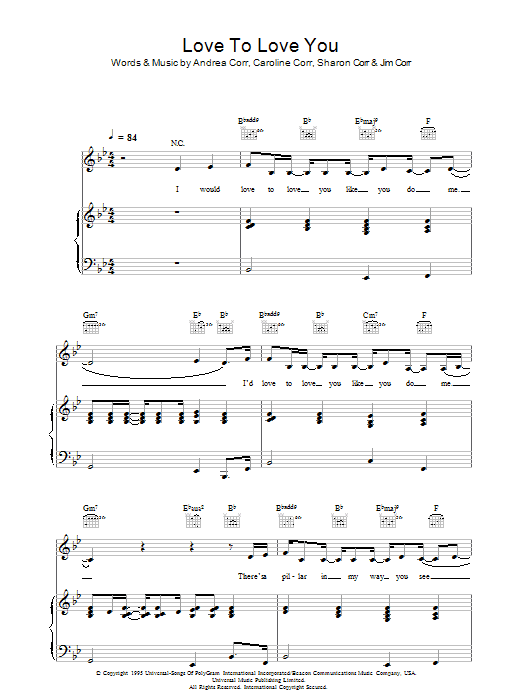 The Corrs Love To Love You sheet music notes and chords arranged for Piano Chords/Lyrics