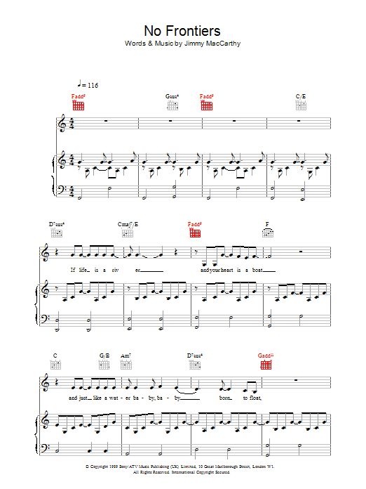 The Corrs No Frontiers sheet music notes and chords arranged for Piano, Vocal & Guitar Chords