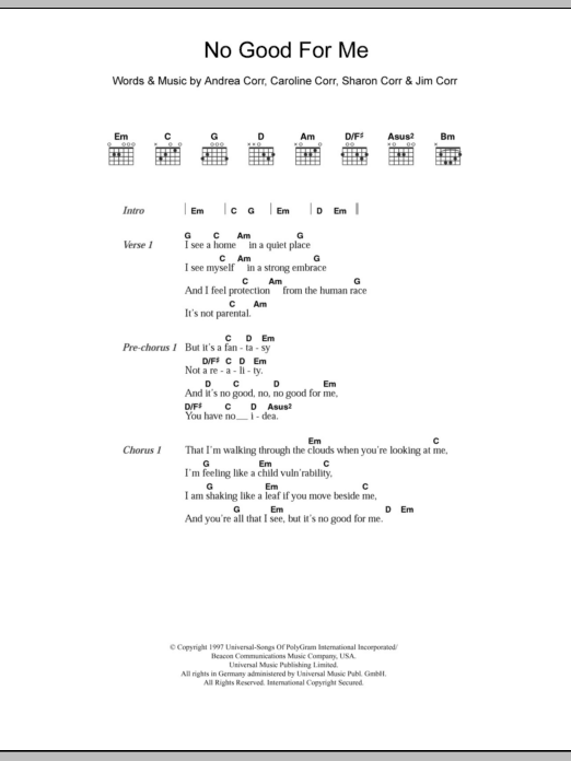 The Corrs No Good For Me sheet music notes and chords arranged for Guitar Chords/Lyrics