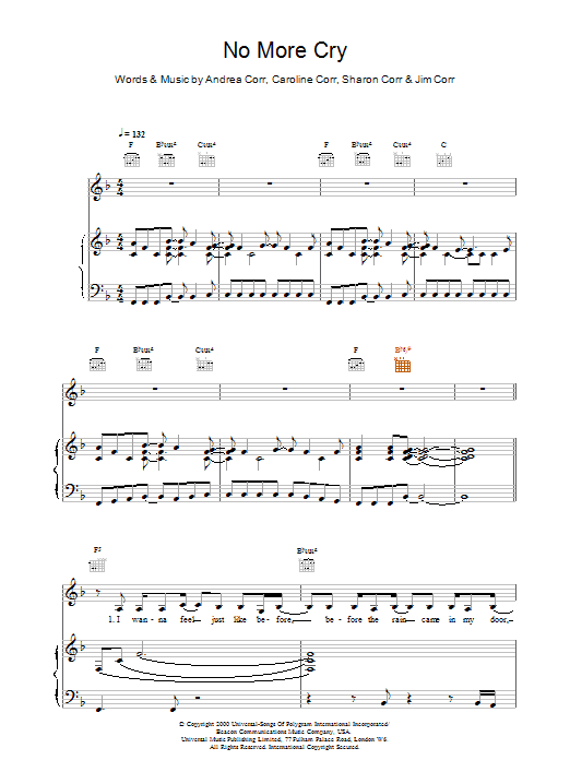 The Corrs No More Cry sheet music notes and chords arranged for Piano, Vocal & Guitar Chords