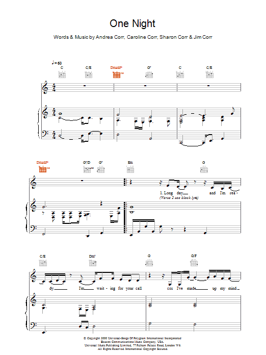 The Corrs One Night sheet music notes and chords arranged for Piano, Vocal & Guitar Chords