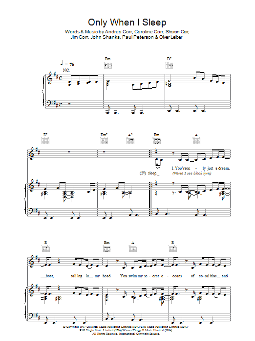 The Corrs Only When I Sleep sheet music notes and chords arranged for Piano Chords/Lyrics