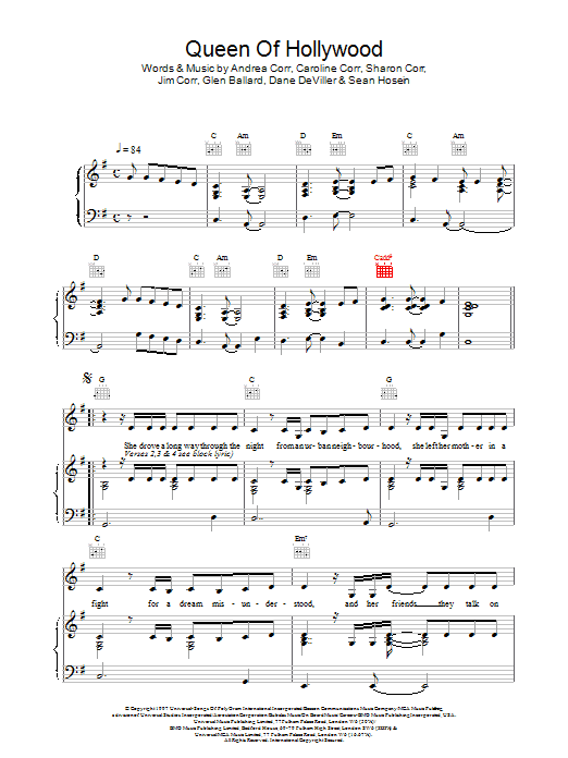 The Corrs Queen Of Hollywood sheet music notes and chords arranged for Piano, Vocal & Guitar Chords
