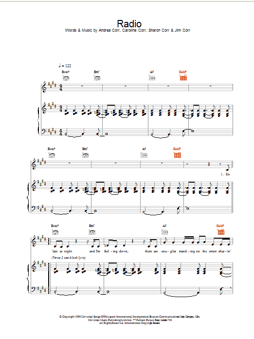 The Corrs Radio sheet music notes and chords arranged for Piano, Vocal & Guitar Chords