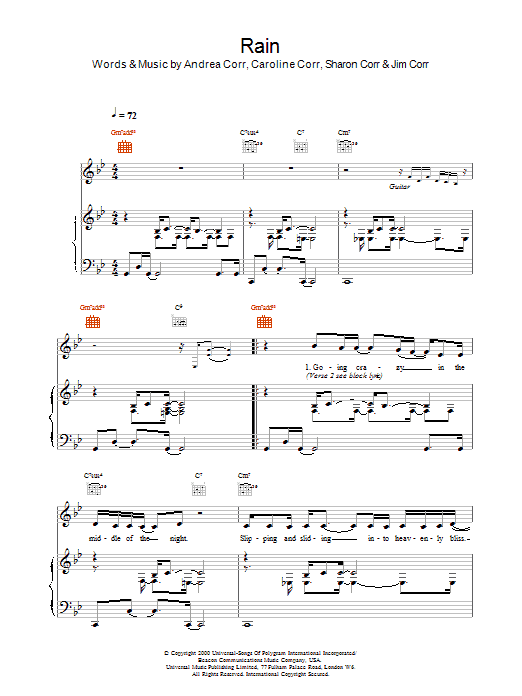 The Corrs Rain sheet music notes and chords arranged for Piano, Vocal & Guitar Chords