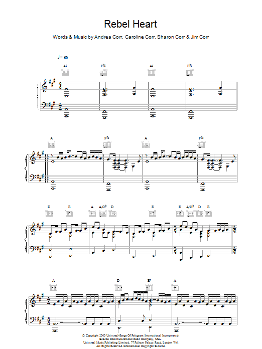 The Corrs Rebel Heart sheet music notes and chords arranged for Piano, Vocal & Guitar Chords