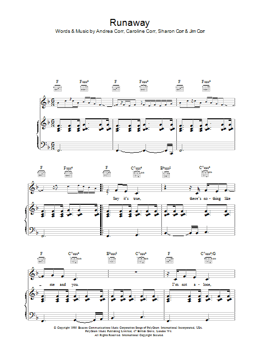 The Corrs Runaway sheet music notes and chords arranged for Piano, Vocal & Guitar Chords (Right-Hand Melody)