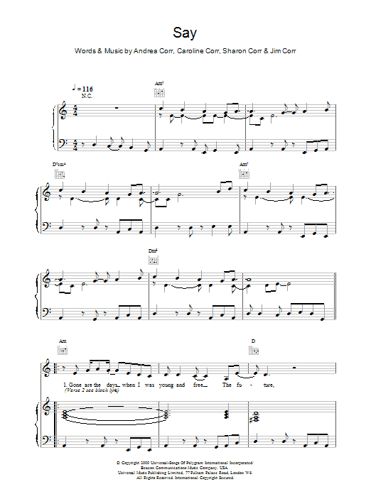 The Corrs Say sheet music notes and chords arranged for Piano, Vocal & Guitar Chords