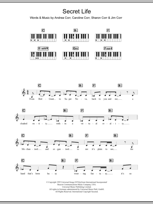 The Corrs Secret Life sheet music notes and chords arranged for Piano Chords/Lyrics