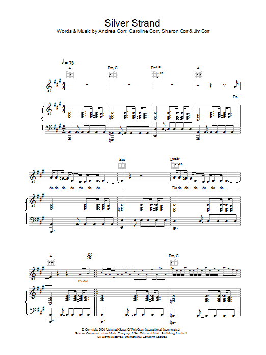 The Corrs Silver Strand sheet music notes and chords arranged for Piano, Vocal & Guitar Chords