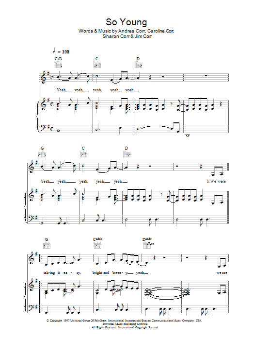 The Corrs So Young sheet music notes and chords arranged for Piano, Vocal & Guitar Chords
