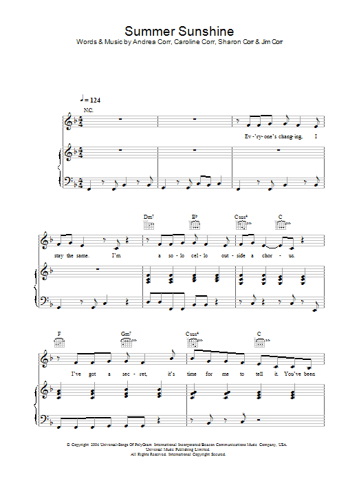 The Corrs Summer Sunshine sheet music notes and chords arranged for Piano Chords/Lyrics