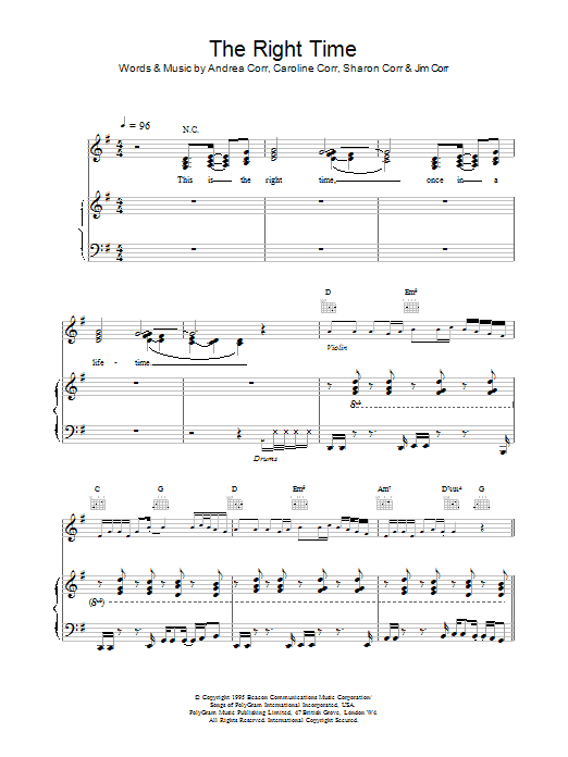 The Corrs The Right Time sheet music notes and chords arranged for Piano, Vocal & Guitar Chords