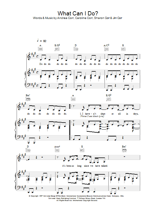 The Corrs What Can I Do? sheet music notes and chords arranged for Piano, Vocal & Guitar Chords