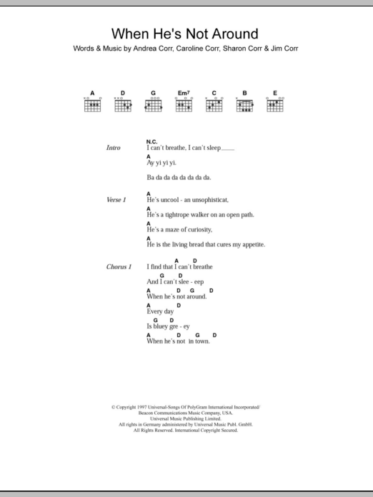 The Corrs When He's Not Around sheet music notes and chords arranged for Piano Chords/Lyrics
