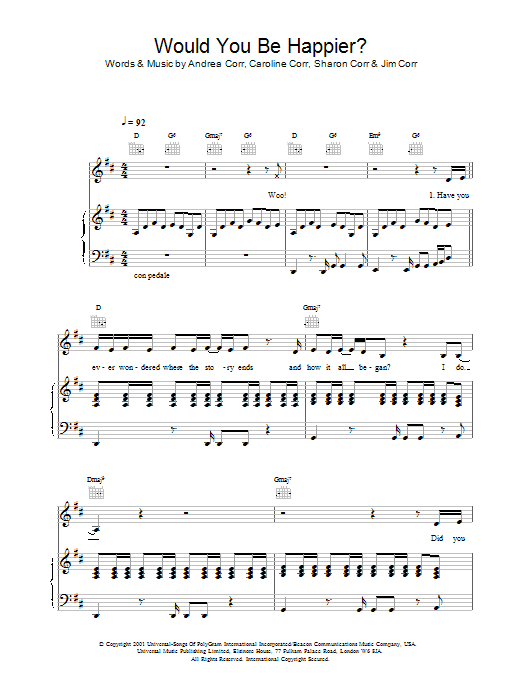 The Corrs Would You Be Happier? sheet music notes and chords arranged for Piano, Vocal & Guitar Chords