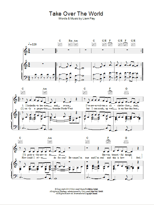 The Courteeners Take Over The World sheet music notes and chords arranged for Piano, Vocal & Guitar Chords