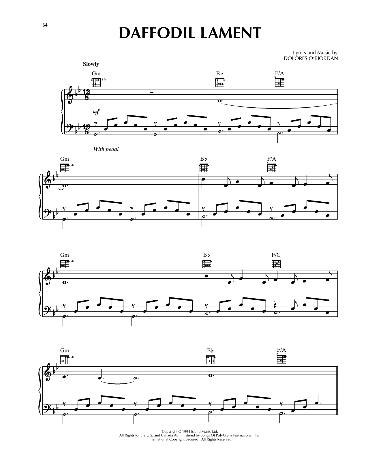The Cranberries Daffodil Lament sheet music notes and chords arranged for Piano, Vocal & Guitar Chords (Right-Hand Melody)