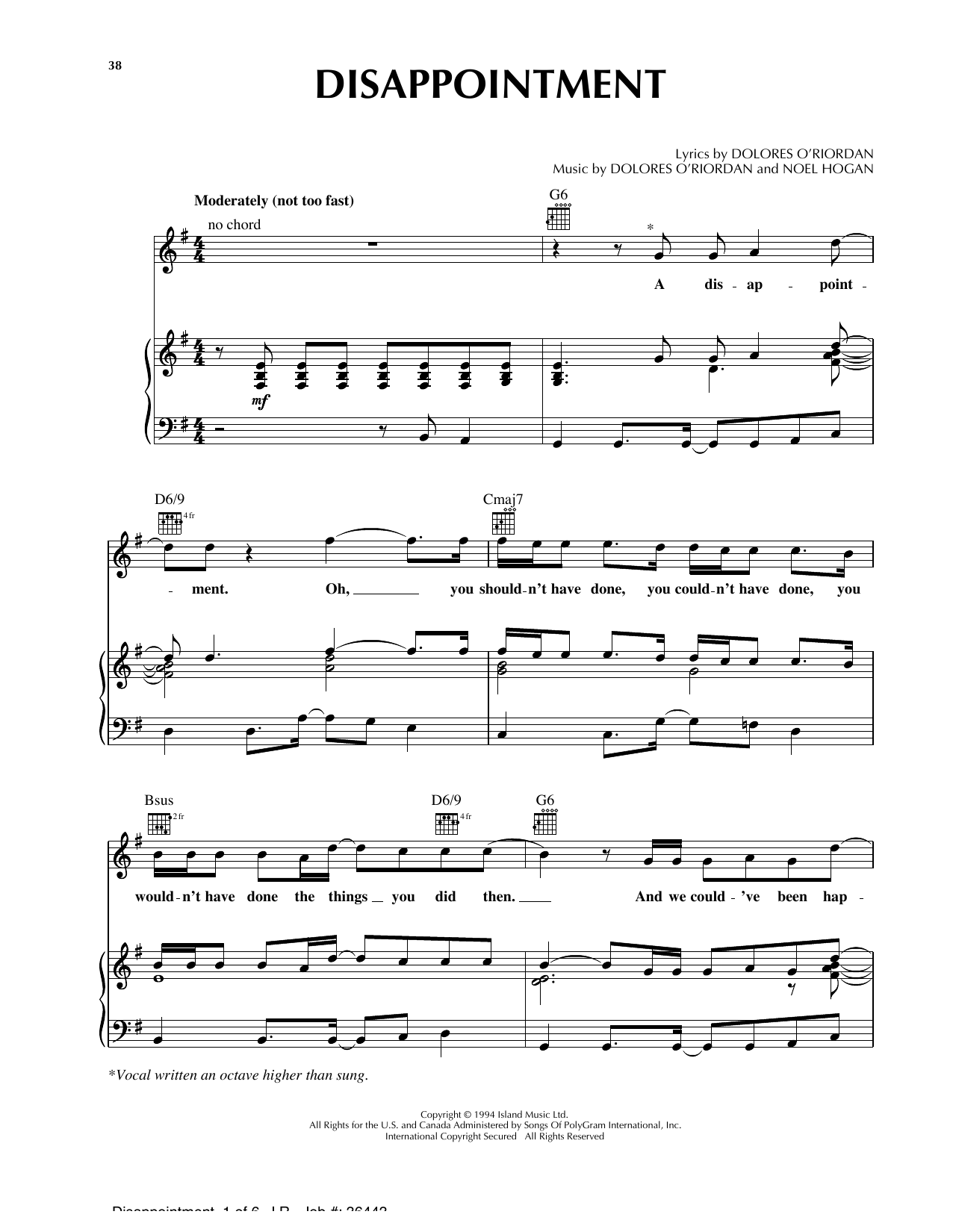 The Cranberries Disappointment sheet music notes and chords arranged for Piano, Vocal & Guitar Chords (Right-Hand Melody)