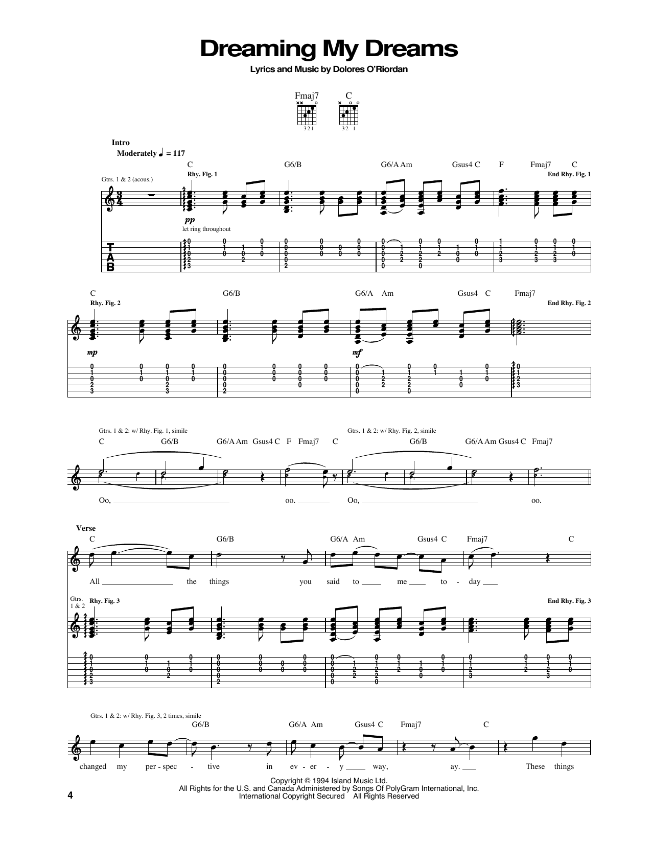 The Cranberries Dreaming My Dreams sheet music notes and chords arranged for Guitar Tab