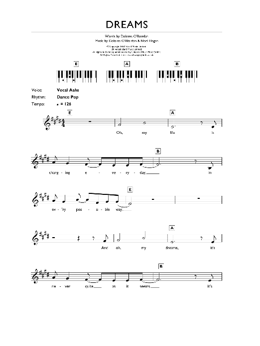 The Cranberries Dreams sheet music notes and chords arranged for Piano, Vocal & Guitar Chords (Right-Hand Melody)