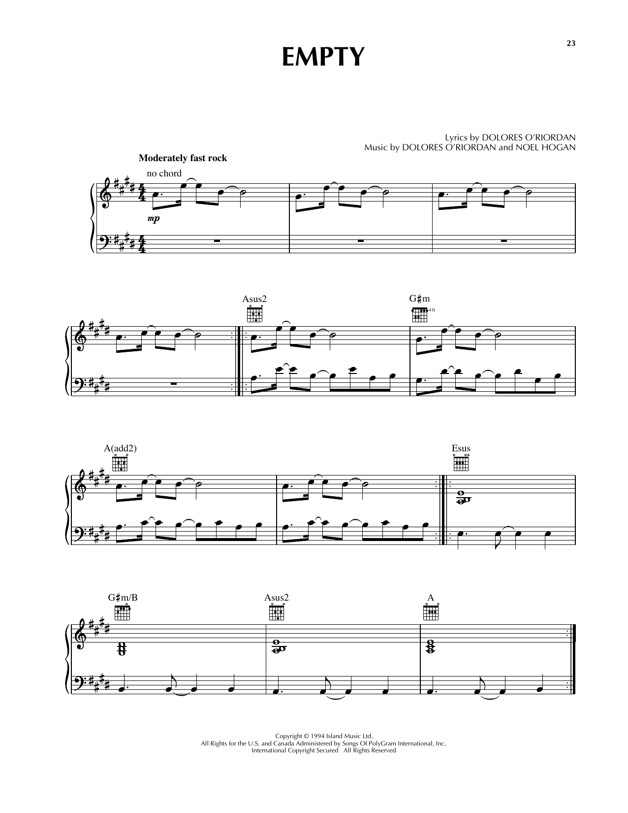 The Cranberries Empty sheet music notes and chords arranged for Piano, Vocal & Guitar Chords (Right-Hand Melody)