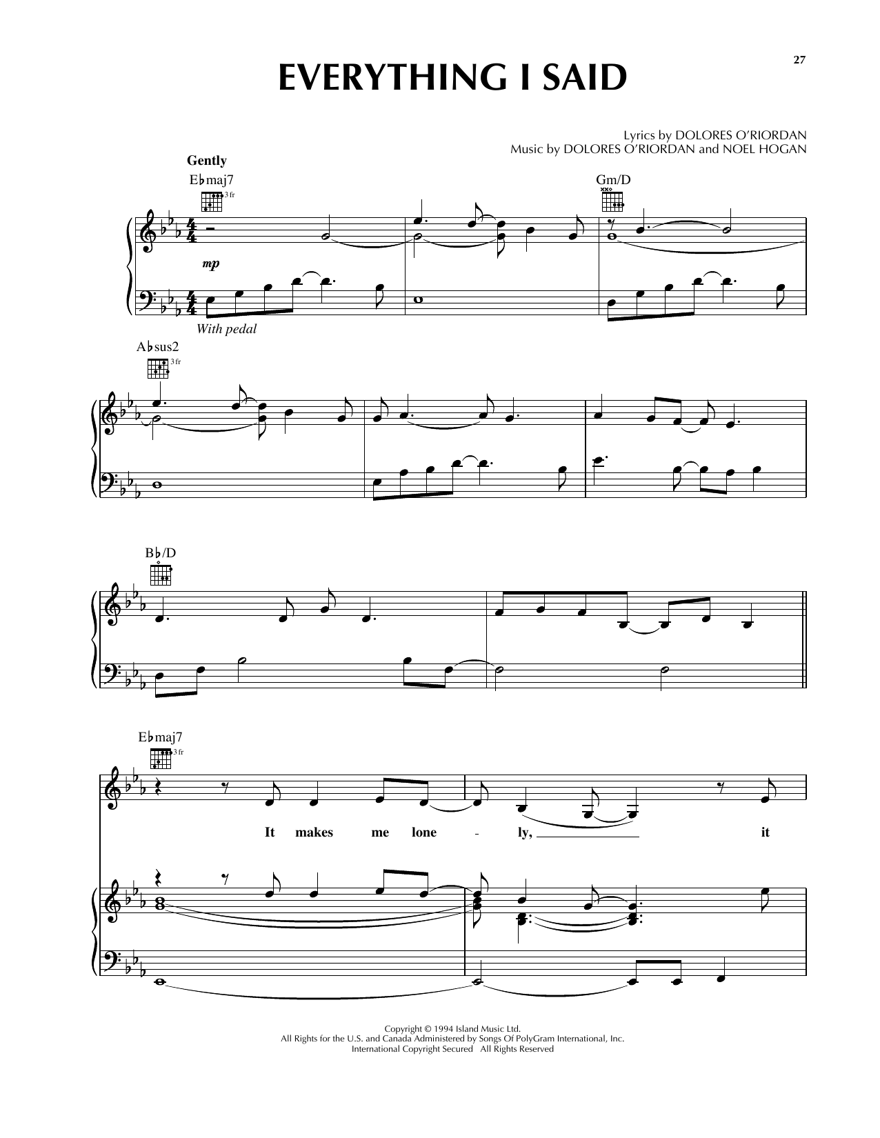 The Cranberries Everything I Said sheet music notes and chords arranged for Guitar Chords/Lyrics