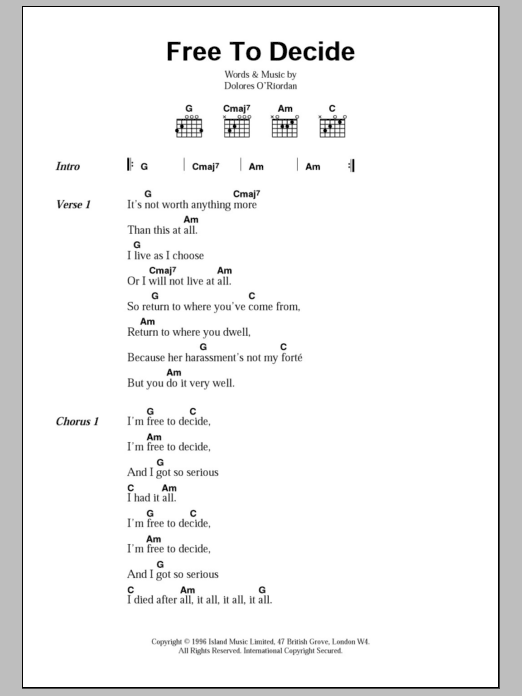 The Cranberries Free To Decide sheet music notes and chords arranged for Guitar Chords/Lyrics