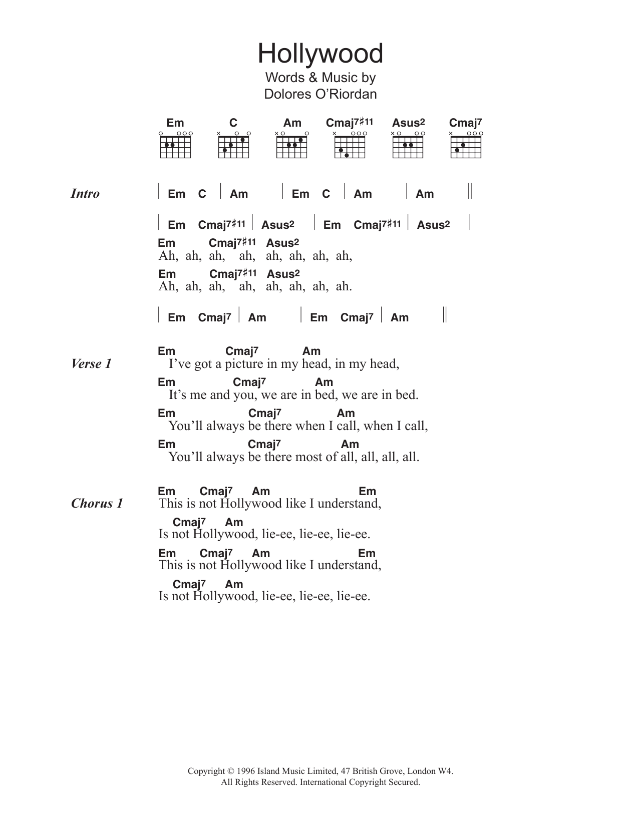 The Cranberries Hollywood sheet music notes and chords arranged for Guitar Chords/Lyrics