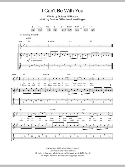 The Cranberries I Can't Be With You sheet music notes and chords arranged for Guitar Chords/Lyrics