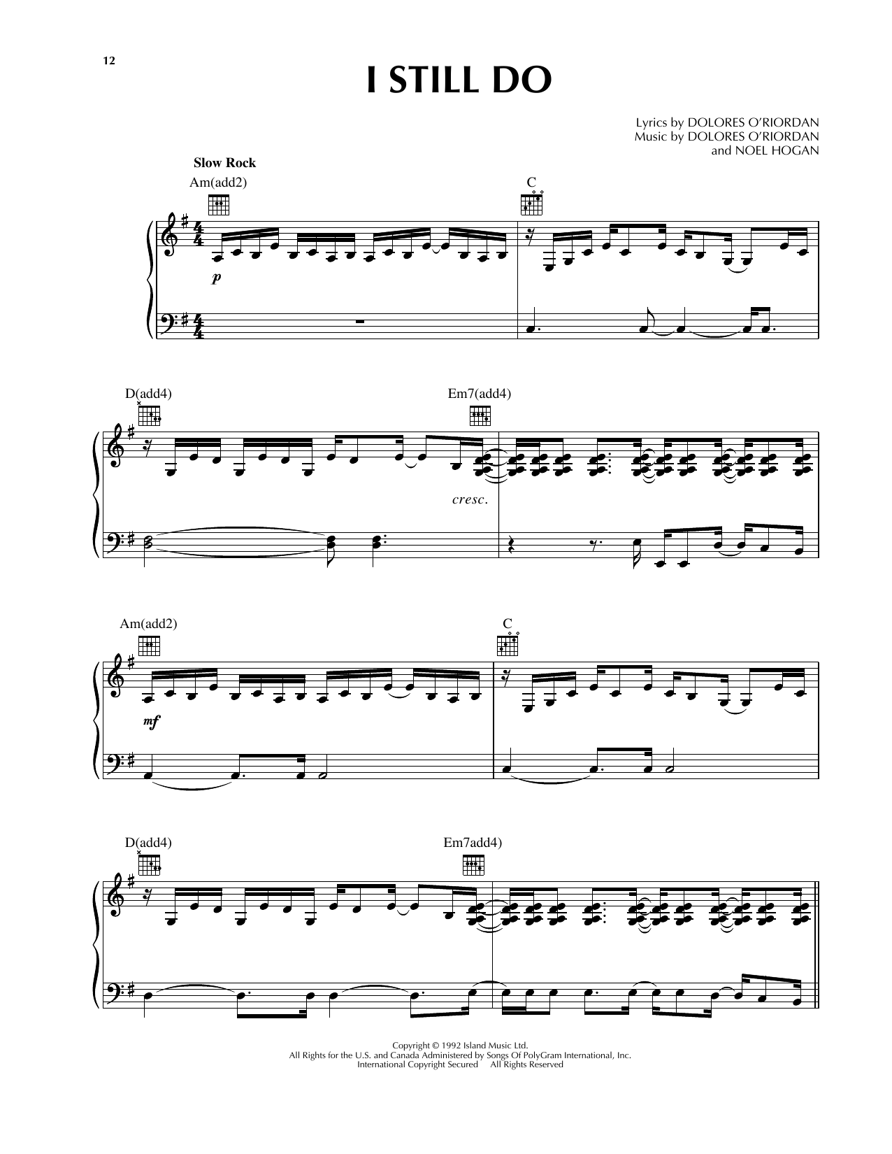 The Cranberries I Still Do sheet music notes and chords arranged for Piano, Vocal & Guitar Chords (Right-Hand Melody)